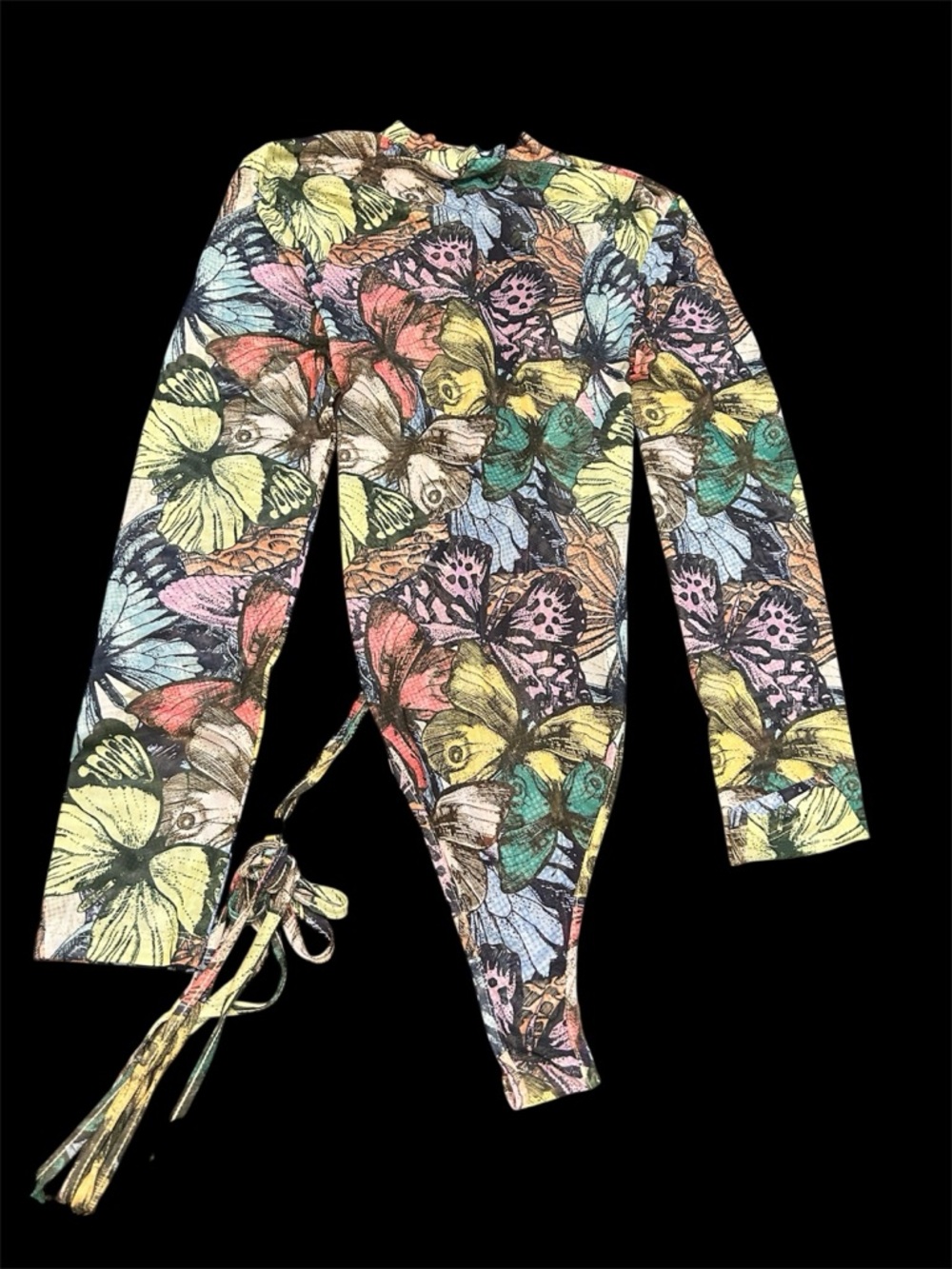 Multicolor Butterfly Print Long Sleeve Semi Sheer Festival Bodysuit